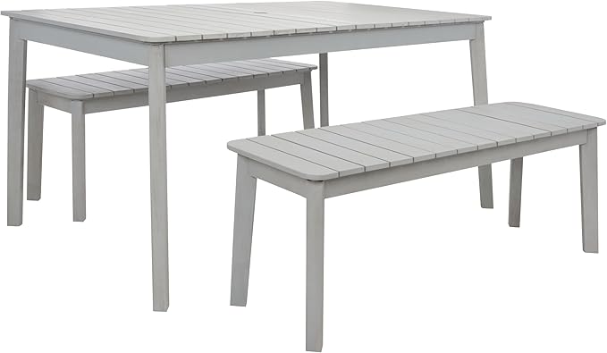 SAFAVIEH Outdoor Collection Europa Grey Acacia Wood 3-Piece Bench Dining Set with Umbrella Hole