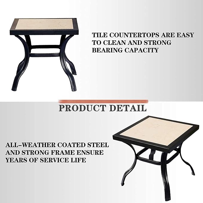 20.9" Outdoor Table Bistro Table with Ceramics Top Black Metal Frame Square Side Table for Bistro Balcony Deck, Off-White