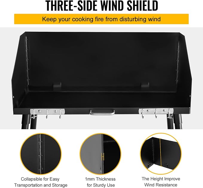Carbon Steel Camp Cooking Table,38x16 Inch Heavy Duty Dutch Oven Table,with Three-Sided Windscreen and Four Legs for Grill Travel Table Outdoor Picnic,Beach,BBQ,Backyards