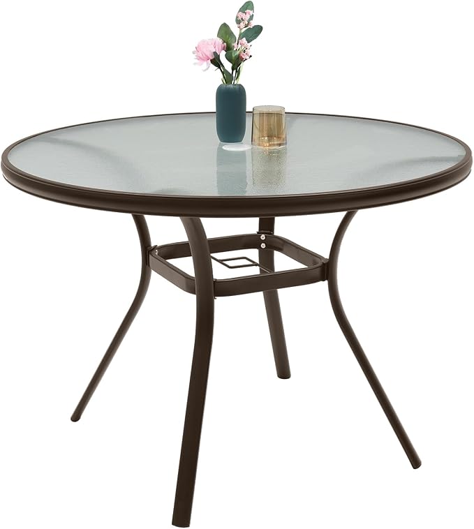 Anmutig Round Outdoor Dining Table for 4 Person, 40 inch Glass Top, Brown Powder-Coated Frame with Umbrella Hole Outdoor Furniture