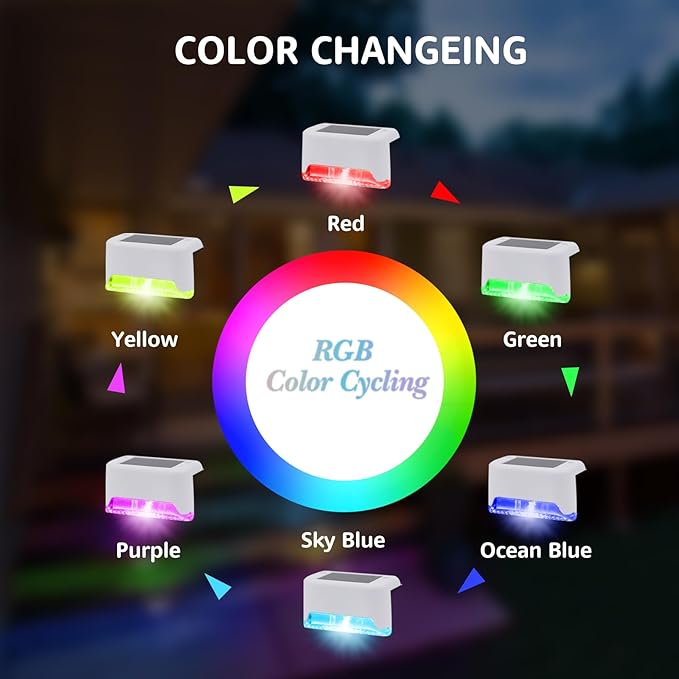 4 Pack Color Change Solar Step Lights Outdoor Small Waterproof RGB LED Stair Lamp Outside Decorative Lighting for Deck, Staircase, Railing, Pool, Retaining Wall, No Drill Install(White Shell)