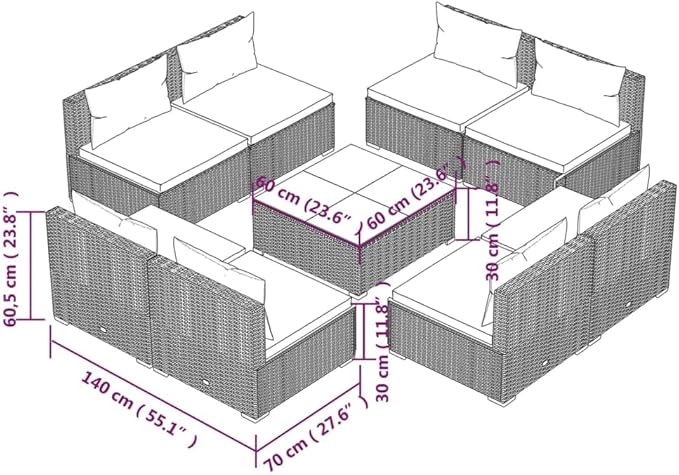 9 Piece Patio Lounge Set with Cushion, Outdoor Patio Sectional Furniture Conversation Sets Patio Lounge Set Piece Patio Set s Poly Rattan Brown