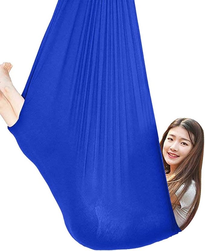 360° Rotating Elastic Aerial Yoga Hammock Outdoor Indoor Swings Aerial Yoga Sensory Therapy Cuddle Swing Soft Elastic Parcel Steady Seat Swing (Color : Blue, Size : 150x280cm)