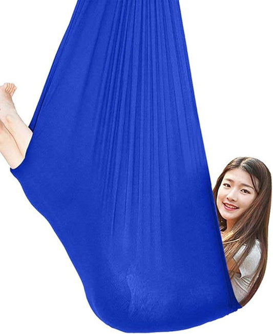 360° Rotating Elastic Aerial Yoga Hammock Outdoor Indoor Swings Aerial Yoga Sensory Therapy Cuddle Swing Soft Elastic Parcel Steady Seat Swing (Color : Lake Blue, Size : 100x280cm)