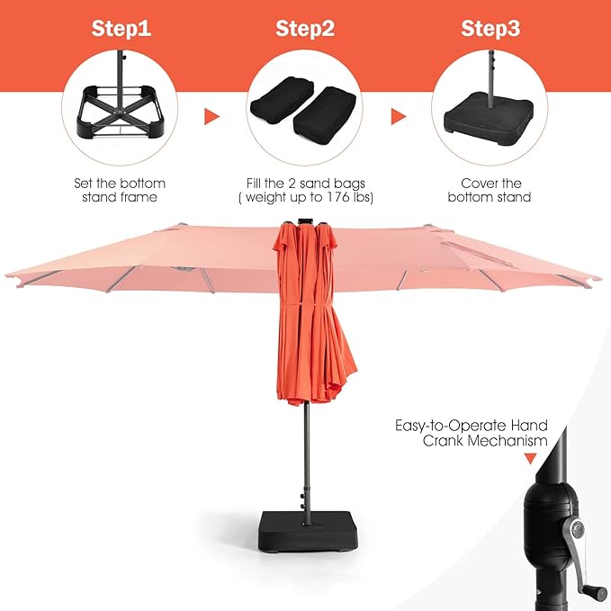 Giantex Large Outdoor Umbrella Double-Sided, 48 Solar Lights, Auto-Charging Solar Panel, Extra Large Patio Umbrella with Base and Crank, Outdoor Market Umbrellas for Poolside Garden