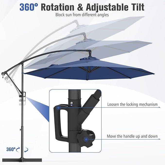 Tangkula 10 FT Patio Offset Umbrella, Hanging Cantilever Umbrella w/X-shaped Base & 360° Rotation, Smooth Crank Handle, Vented Top, Outdoor Market Umbrella for Backyard, Deck (Navy)