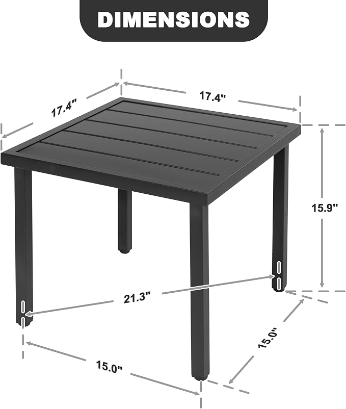 NUU GARDEN Outdoor Patio Side Table, Metal Side Table, Black | Features a slatted tabletop, adjustable feet and powder-coated metal construction for outdoor use and easy maintenance.