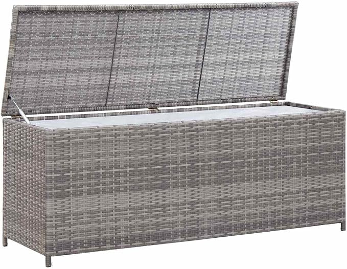 Poly Rattan Patio Storage Box with Powder-Coated Steel Frame, 59.1"x19.7"x23.6" Outdoor Deck Box and Bench, Gray