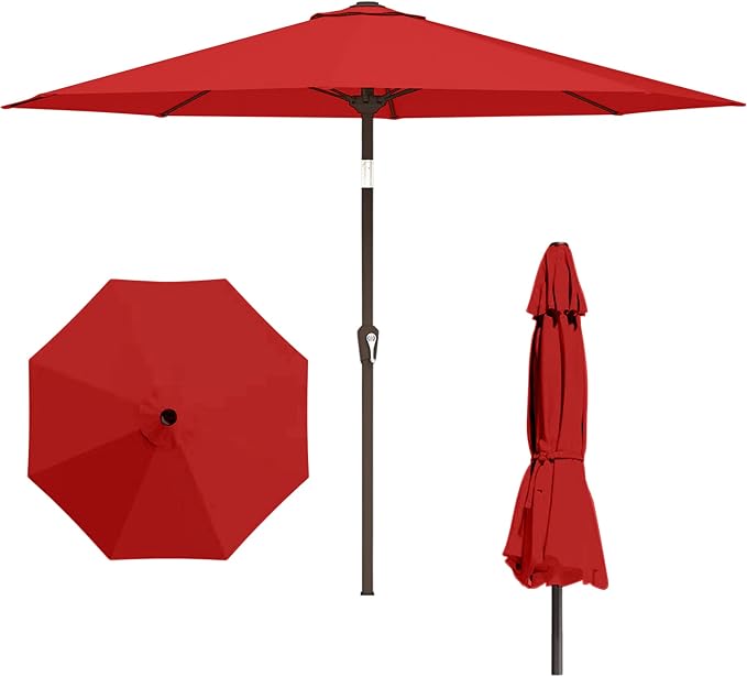 11FT Patio Umbrella, Outdoor Umbrella with with 8 Sturdy Fiberglass Ribs,Market Table Umbrella with Push Button Tilt and Crank,Suit for Backyard,Garden,Pool,Deck(Red)