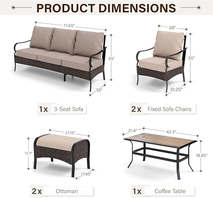 GREEN PARTY Extra Large Outdoor Patio Furniture Set 6 Pieces for 7, Modern Metal Patio Conversation Sets with High Back 3-Seat Sofa, 2 Fixed Chairs, 2 Ottoman, 1 Coffee Table