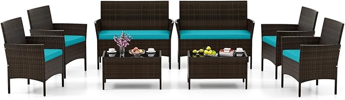 HAPPYGRILL 8 Pieces Outdoor Rattan Conversation Set, Patio Wicker Furniture Set with Loveseat Chairs & Tempered Glass Coffee Table, Outside Sectional Sofa Set for Backyard, Garden, Poolside