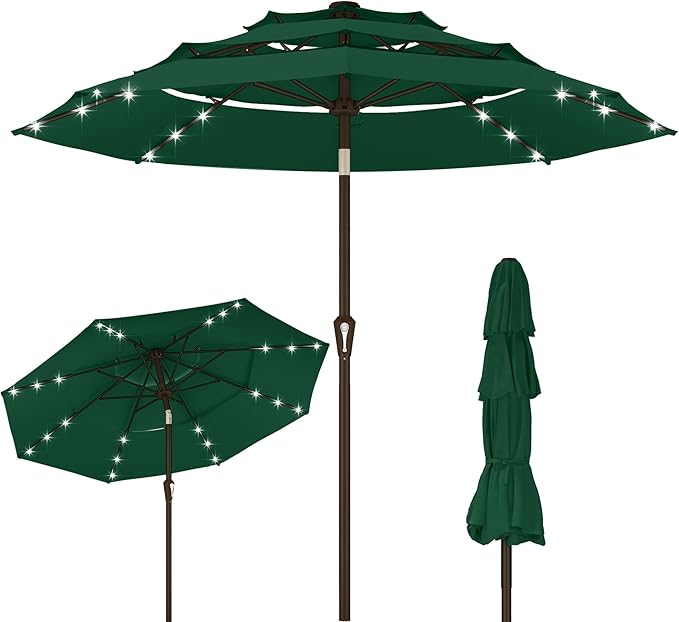 Kingdura 10ft 3-Tier Patio Umbrella with Solar Lights, Table Umbrella Outdoor Patio with Easy Crank & Tilt, 8 Sturdy Ribs, UV Protection, 32 LED Lights for Deck, Poolside, Market (Dark green)