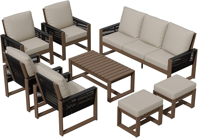 Rustic Hideaway Natural Cedar Wood Outdoor Furniture Set, Wicker Patio Conversation Set for Porch Garden Backyard, Couch, 4 Patio Chairs, Table and 2 Ottomans, 8 Piece, Brownish/Beige