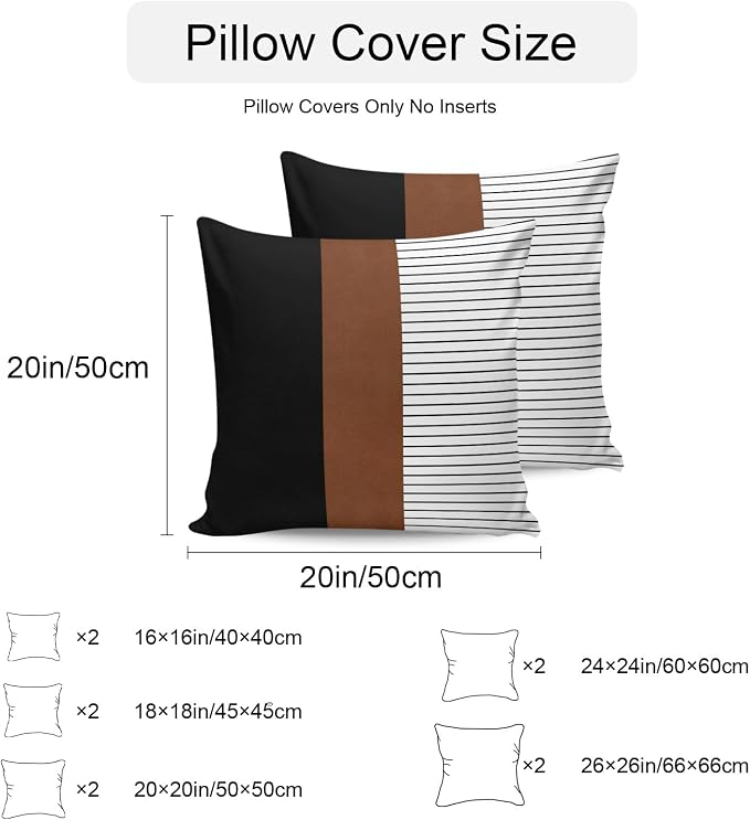 Waterproof Pillow Covers Set of 2 18x18 Inch Brown Black Lines Outdoor Cushion Covers Boho Style Decorative Pillow Cases for Patio, Sofa, Couch, Garden, Balcony