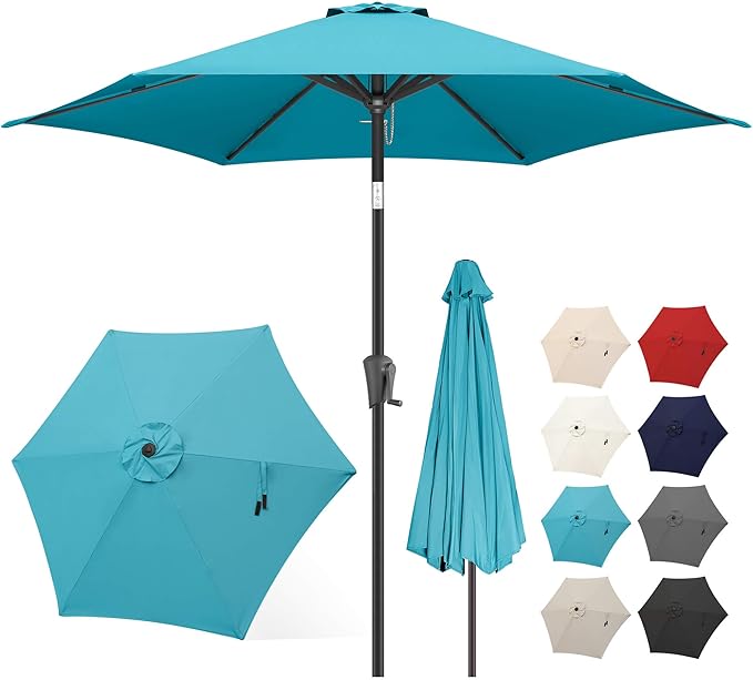 FLAME&SHADE 7.5ft Patio Umbrella - Outdoor Umbrella with Push Button Tilt and Crank for UV Protection, Table Market Umbrella for Garden, Deck, Backyard, Pool and Beach(Aqua Blue)