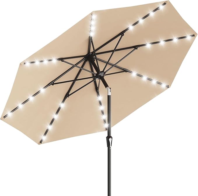 GarveeLife 9 ft Patio Umbrella with Solar Lights, 8 Ribs Outdoor Market Table Umbrella with 32 LED Lights & Tilt Crank for Pool, Deck, Backyard, Tan