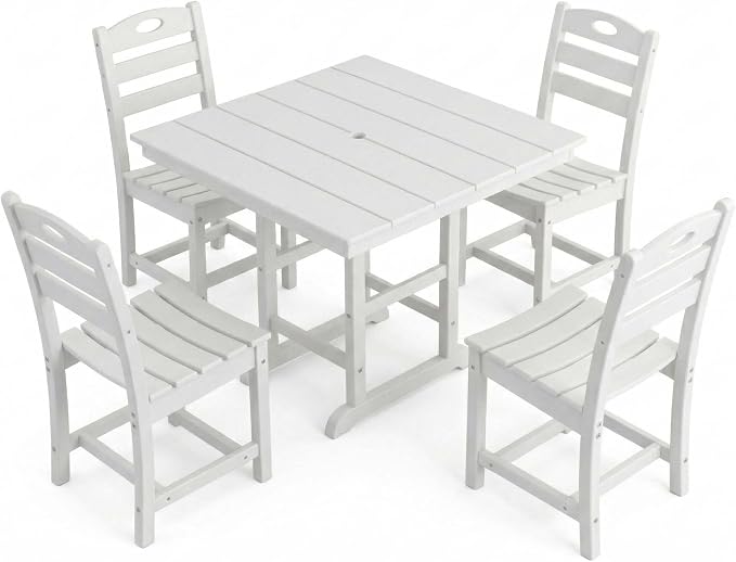 WILLIAMSPACE 37.8" Outdoor Patio Dining Set with 4 Armless Chairs, All Weather HDPE Square Dining Table with Umbrella Hole, Patio 5-Piece Bistro Set for Backyard, Balcony, Lawn, Kitchen (White)