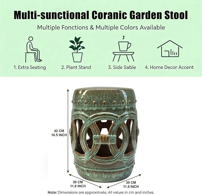Decorative Ceramic Garden Stool, Hand-Crafted Outdoor Side Table, Shoe Changing Drum Stool for Patio, Living Room Accent Furniture(Teal)