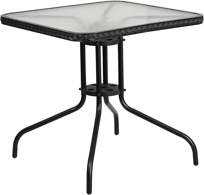 Flash Furniture 5-Piece 28" Square Indoor/Outdoor Patio Table and Chairs Set, Dining Set with Glass Metal Bistro Table, 4 Stack Rattan Chairs, Black