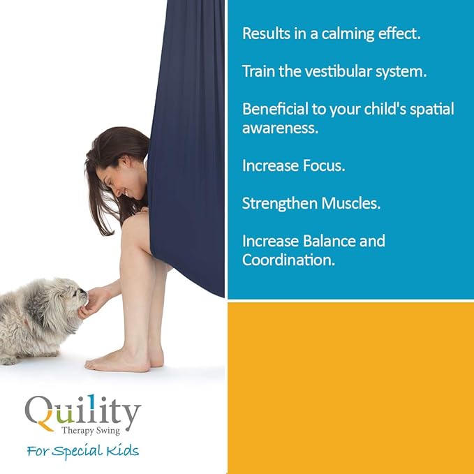 Quility Indoor Therapy Swing for Kids with Special Needs | Lycra Snuggle Swing | Cuddle Hammock for Children with Autism, ADHD, Aspergers | Ideal for Sensory Integration (Up to 77lbs, Dark Blue)