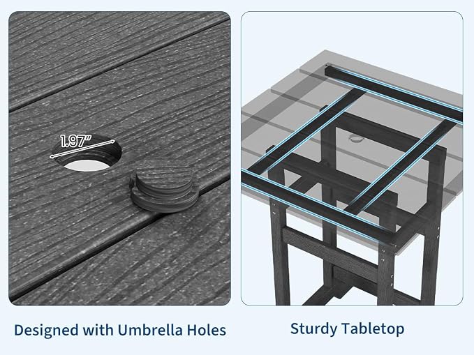 Takywep 31.5" Square HDPE Wood Grain Outdoor Bar Table, 39.6" High Weatherproof Pub Table for Patio and Poolside, Tall Bistro Table with 300 Lb Weight Capacity and Umbrella Hole, Dark Grey