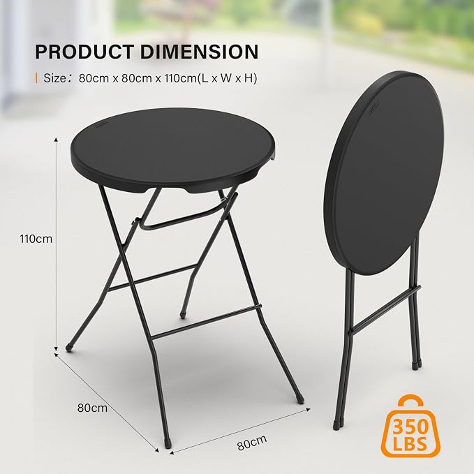 Bonnlo 32" Cocktail Table High Top Table, Folding Round Table Bar Height, HDPE Matrial with Gray Metal Finish for Outdoor Party, Backyard, Dining Room, Wedding Event,Black- 2PCS