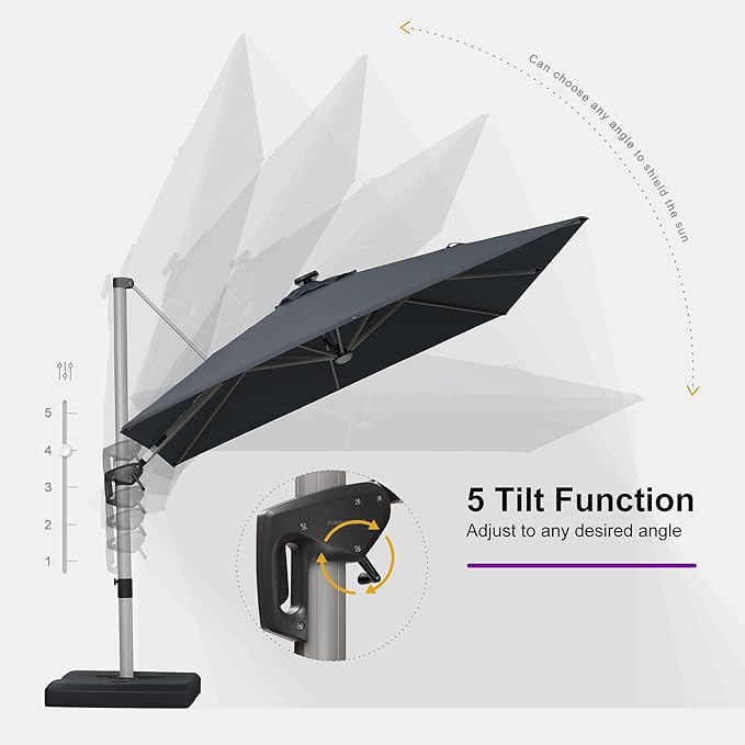 PURPLE LEAF Patio Umbrella with base 9 Feet Outdoor Square Cantilever Umbrella Solar Powered LED with 360-degree Rotation for Garden Deck Pool Patio, Grey