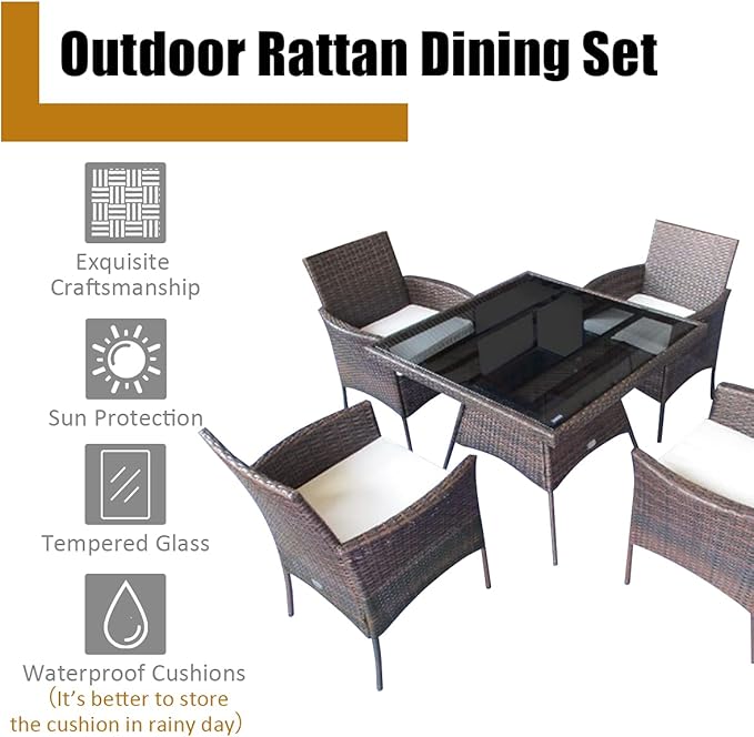 Tangkula 5 Pieces Wicker Patio Dining Set, Outdoor PE Rattan Chairs Table Set with 4 Seat Cushions, Patio Dining Furniture with Tempered Glass Tabletop, Suitable for Porch, Yard