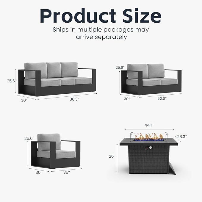 5 Pieces Patio Furniture Set with Fire Pit Table, Metal Modern Conversation Set with Deep Seating and Widened Aluminum Frame for Deck, Porch, Garden