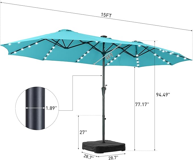 15 ft Patio Umbrella with 48 LED Lights, Large Rectangle Outdoor Solar Umbrella with Matching Base, Strap, Crank, Blue