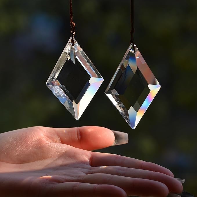 2PCS Rhombus Crystal Suncatcher Prisms for Windows (Rhombus Clear) | Clear, K9 Glass, Rainbow Maker, with Hooks & Cord