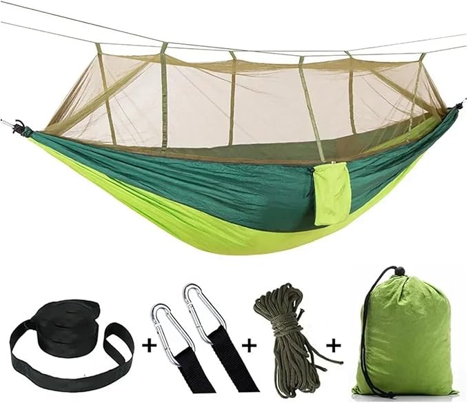 Hammock Camping Hammock with Net, Lightweight Portable Double Parachute Hammocks, High Capacity & Tear Resistance for Backyard,Hiking Camping Essentials (Color : Light Green and gree)