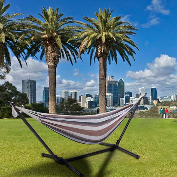 Double Hammock with Steel Stand for Outside,Portable Space Saving Heavy-Duty Steel Frame Hammock w/Portable Carrying Bag for Indoor Outdoor Patio Yard Camping,Easy Assembly,600 lbs Capacity (Coffee)