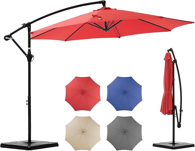 OLIXIS 9.8FT Offset Patio Umbrella with Base, Cantilever Table Umbrellas for Outdoor Sun Shade UV Protection with Easy Tilt Adjustment, 8 Ribs for Backyard, Lawn, Garden, Pool