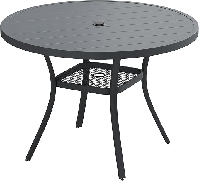 VICLLAX 40.6" Round Patio Table, Outdoor Dining Table for 4 with Umbrella Hole for Garden Lawn Deck Backyard, Dark Grey