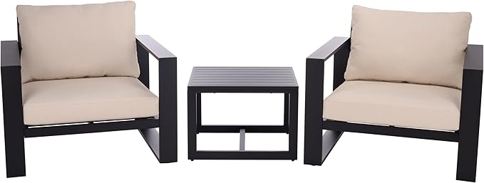 SAFAVIEH Outdoor Patio Furniture Collection – Fash Black & Taupe Cushion 3-Piece Living Set, Modern Outdoor Chairs & Slatted Square Table (PAT7552A)