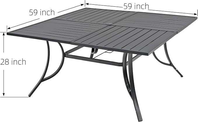 59" 8 Person Large Square Outdoor Patio Table with All Weather Metal Frame | 59 in Square Table, Slat Table Top, Black, Metal Top and Frame, 1.57"-1.9" Adjustable Umbrella Hole, 8 Person, All Weather