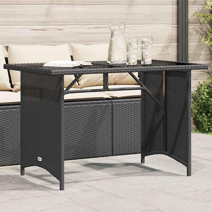 Garden Table Black Poly Rattan 43.3 in L Tempered Glass | Powder-Coated Steel Frame, 26.8 in W, Easy Clean Surface, for Patio Dining