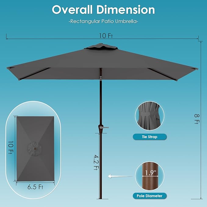 GREENVINES 6.5X10 FT Rectangular-Patio-Umbrella | Outdoor-Table-Umbrellas | 6 Sturdy Steel Ribs | Push Button Tilt & Crank | Waterproof | Market Umbrella | for Pool Backyard Garden | Charcoal Gray