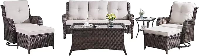 HUMMUH Patio Furniture Set 7 Pieces Wicker Outdoor Sectional Sofa with Swivel Rocker Chairs,Coffee Side Table,Outdoor Ottomans for Patio