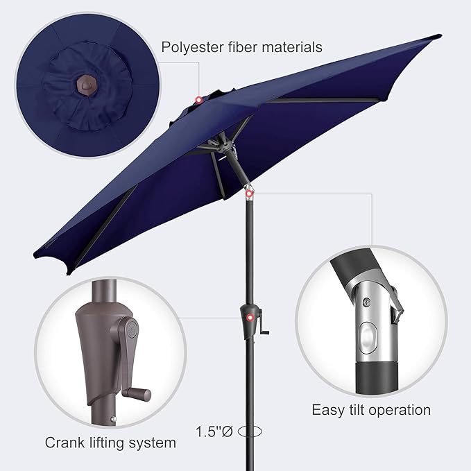 7.5ft Outdoor Patio Umbrella - Table Umbrella Waterproof UV Protection, Sombrillas de Patio with Push Button Tilt, Sun Umbrella for Pool, Porch, Garden, Deck, Backyard (Navy Blue)