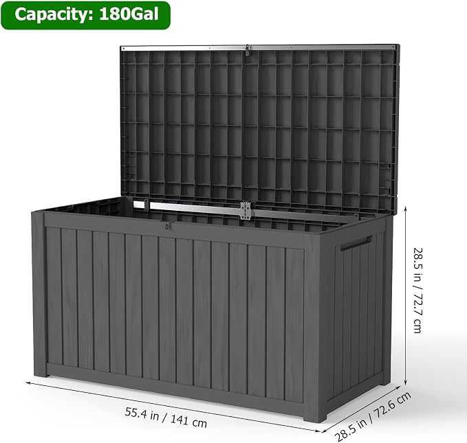 180 Gallon Waterproof Resin Outdoor Storage Box, Lockable & UV Resistant | Patio Deck Boxes, Outside Storage for Patio Cushions, Pool Toys, Garden Tools & Package Delivery, Black