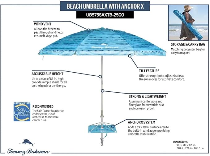 T0MMY BAHAMA 8 ft Beach Umbrella with wind vent and sand anchor
