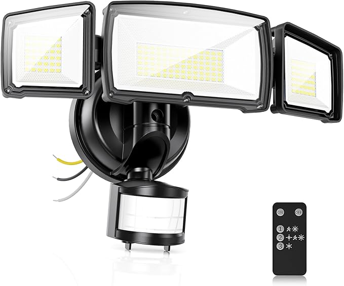 100W 11000LM Security Lights Outdoor with Remote Control, 6500K Daylight LED Flood Light, IP66 Waterproof, Dusk to Dawn Outdoor Lighting, 3 Head Motion Detected Outdoor Lights for Garage, Yard