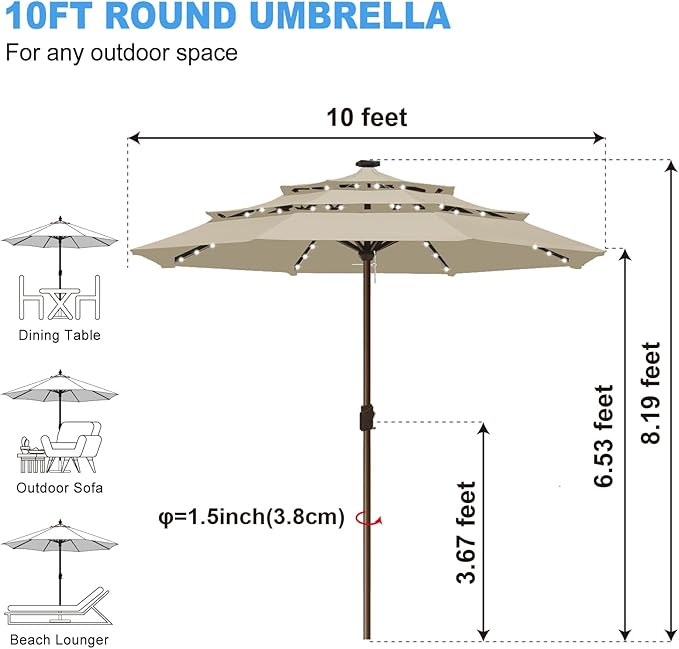 Eurmax USA 10-Year-Non-Fading 10FT 3-Tier Outdoor Patio Market Umbrella with LED Lights,UPF50+ UV Resistant,Commercial Grade,Crank Lift Design,Windproof Vented Top for Garden,Pool,Deck,Antique Beige