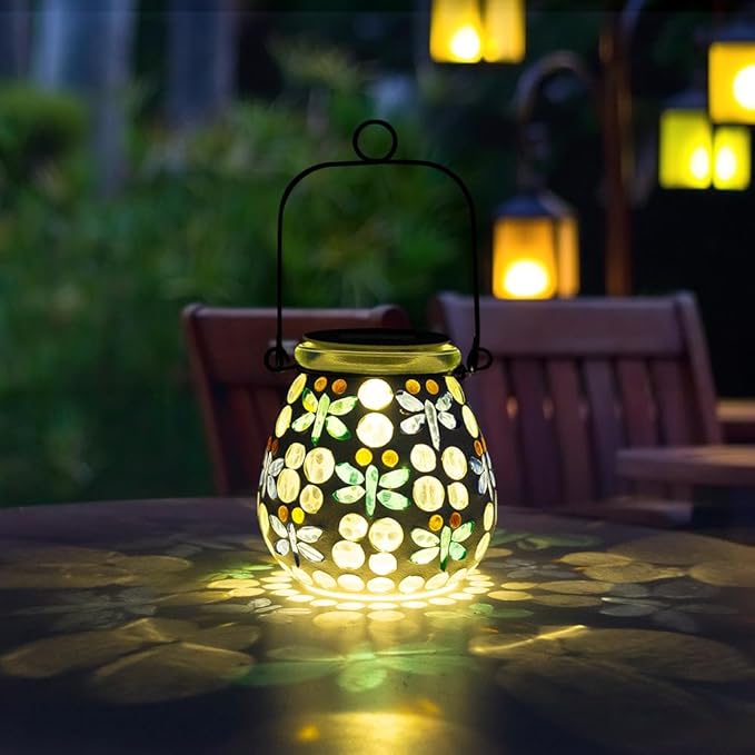 Stargarden Mosaic Solar Lanterns Outdoor Waterproof, Dragonfly Lanterns Decorative Outdoor, Glass Hanging Solar Lights Table Lamp for Yard, Garden Decor