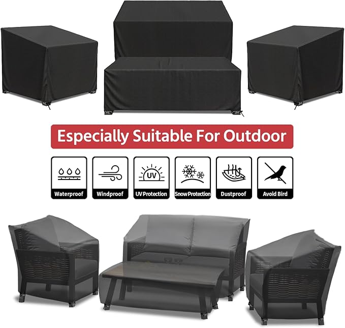 Patio Furniture Covers, 4 Piece Heavy Duty Waterproof Outdoor Furniture Cover with Windproof Buckle Strap, Rattan Wicker Patio Furniture Set Cover for Chair Sofa Black (Black, X-Large)