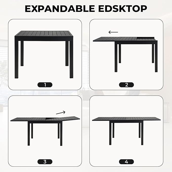 Grand patio 7-Piece Patio Dining Set for 6, 6 E-Coated Outdoor Dining Set Fixed Patio Dining Chairs with Olefin Cushions & 1 Black Extendable Rectangular Table for 4-6 Person