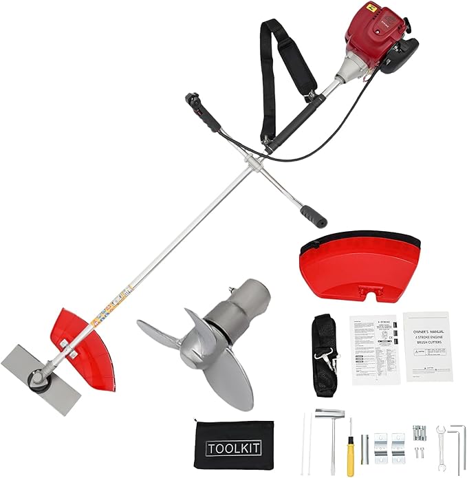 35.8CC Gas Powered Brush Cutter, 2 in 1 4-Stroke Engine Powered Grass Trimmer with Marine Propeller, Gas Weed Wacker for Lawn Care, Yard Work