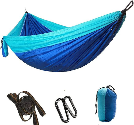 Portable Camping Travel Single Hammock, Lightweight Hanging Bed with Tree Straps and Metal Buckles, 300kg Capacity Nylon Hammock for Outdoor Hiking Backpacking (Matching Tree with Sky Blue and Blue)